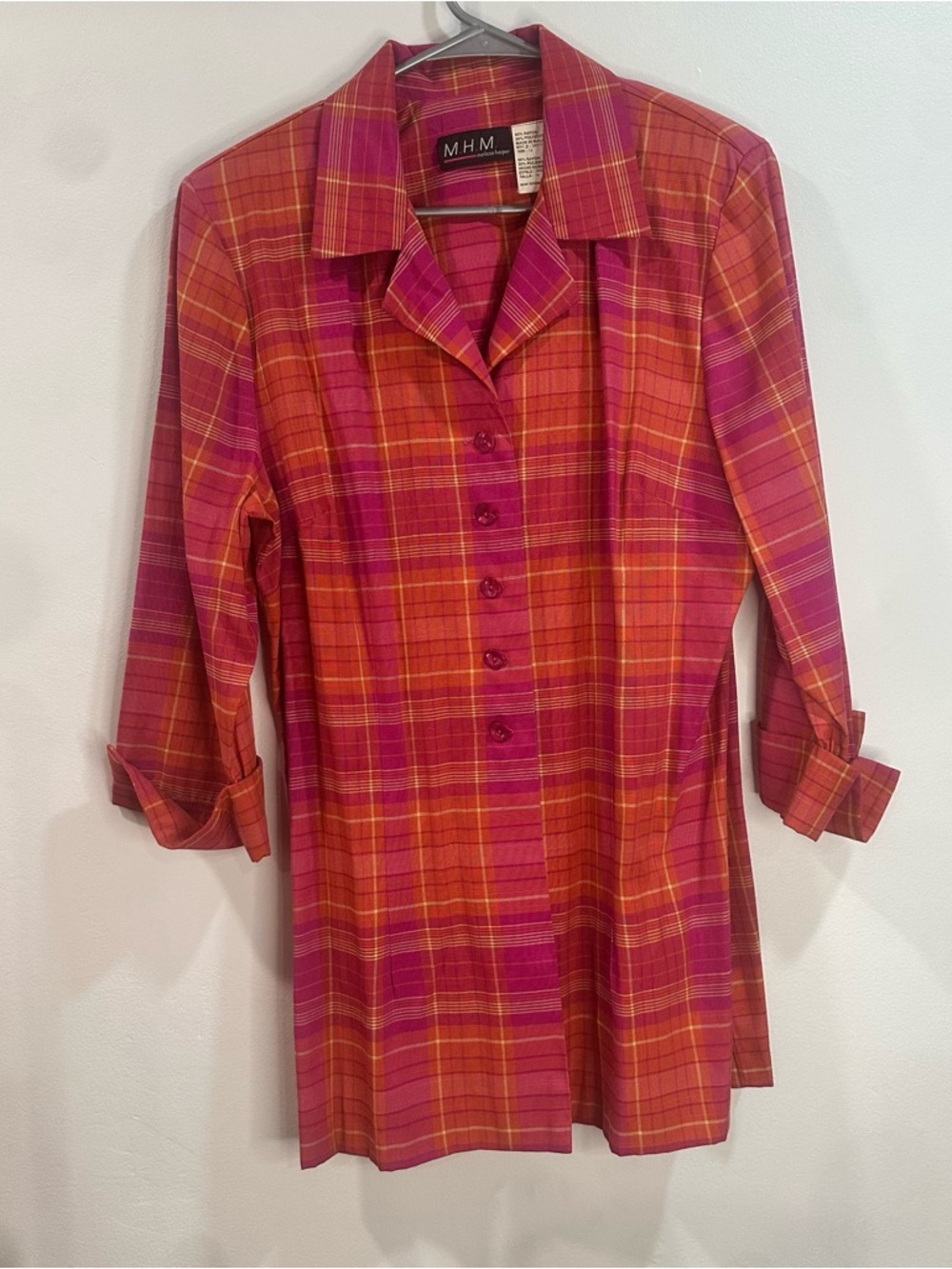 M.H.M. Vibrant Pink-Orange Plaid Button Front Tunic size 14 large
